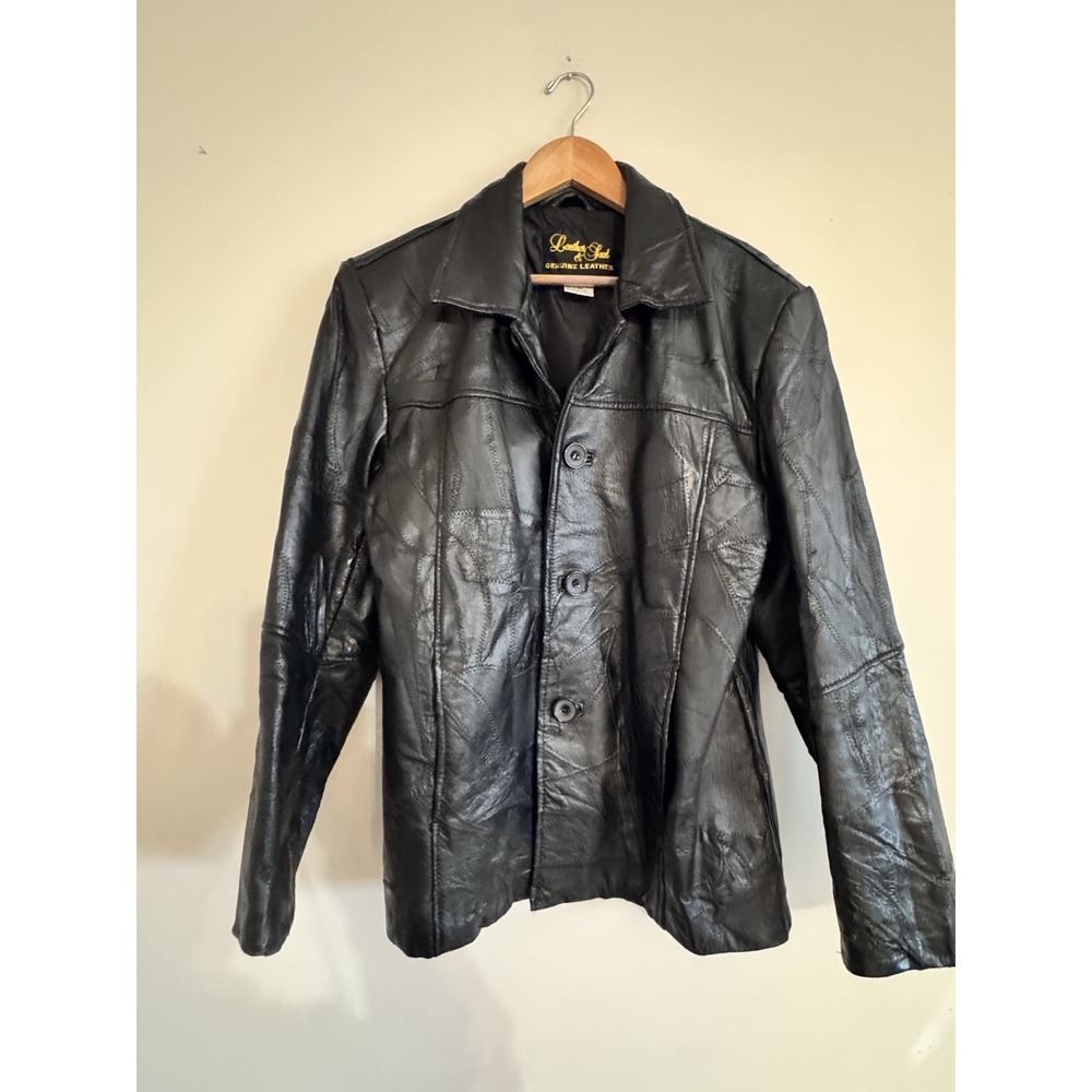 80s 90s Patchwork Leather Jacket Women's Straight Button Down Vintage Black L
